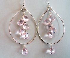 "Can you see the party in these earrings? UBER sparkly gorgeous faceted pink morganite quartz on hammered sterling hoops. French sterling wires. The size including the earwire is apprx. 2.75\". The HOOP size in this picture is 1.8\" apprx. This is not natural morganite. You would pay up to $1200 for that. This is what people buy when they want the look of morganite at an affordable price. Video on my Instagram, sueanneshirzay ! I do generally have smaller hoops available in this style of you lik Open Heart Jewelry, Morganite Necklace, Briolette Earrings, Morganite Earrings, Earrings Double, Gold Bar Earrings, Quartz Pink, Earring Stand, Homemade Jewelry