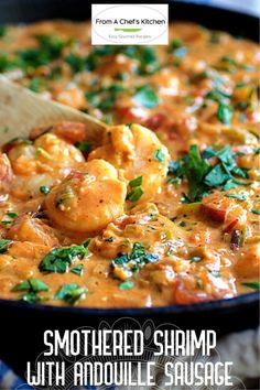 shrimp and vegetable soup in a skillet with a tortilla on the side