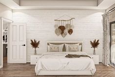 a bedroom with white brick walls and wood flooring is pictured in this rendering image