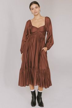 Rael Midi Dress in Brown Affordable Midi Dress, Tired Skirt, Brown Long Sleeve Dress, Brown Dresses, Work Fits, Peasant Dress, Lined Skirt, Sleeve Midi Dress, Long Sleeve Midi