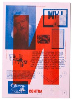 a poster with many different images and words in red, white, and blue colors