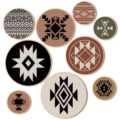 an assortment of circular rugs with different designs