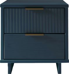 a blue nightstand with two drawers on one side and an open drawer on the other