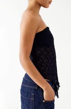 Designed in a sweet strapless silhouette, this lovely lacy top features a flowy asymmetric hem. 11" to 24" center front length (size Medium) Exclusive retailer Strapless 64% polyester, 35% recycled polyester, 1% elastane Machine wash, line dry Made in Turkey