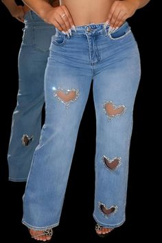 These Heart Rhinestones Cut-Out Denim Jeans add a touch of sparkle and style to your wardrobe. The intricate cut-outs and rhinestone detailing make them a unique and fashionable choice. Made from high-quality denim, they are not only stylish but also durable. Elevate your denim game with these jeans. Checkout our hat collection for the matching denim baseball cap! Decoration Hollow Out , Rhinestone Style Casual Fabric Type Denim Material Cotton , Polyester , Polyester , Spandex Pattern Type Soli Heart Jeans, Heart Cutout Jeans, Cut Out Jeans, Denim Baseball Cap, Bootcut Jeans, Upcycle Clothes, Concert Outfit, Denim Jeans, Cut Out