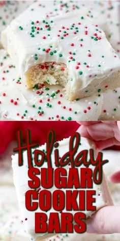 holiday sugar cookie bars with white frosting and sprinkles on the top