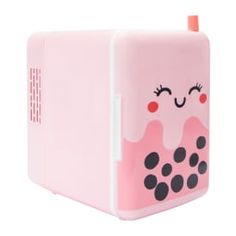 a pink toaster with an image of a cute cat on it's side