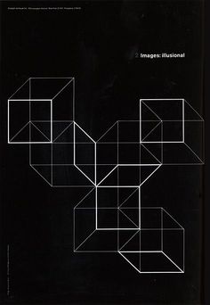 an abstract black and white poster with lines in the shape of cubes on a black background