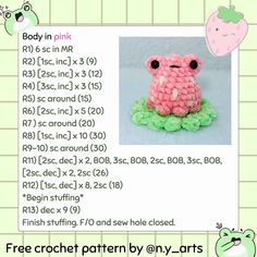 a crocheted pink frog sitting on top of a green leafy plant with the words body in pink