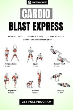 the cardio blast express workout plan is shown in red and white, with instructions for each