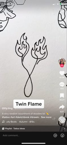 an image of two flames drawn on paper with the text twin flame above it and below