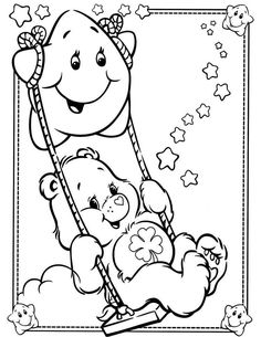 a coloring page with a teddy bear holding a baby in it's arms, and stars on the background