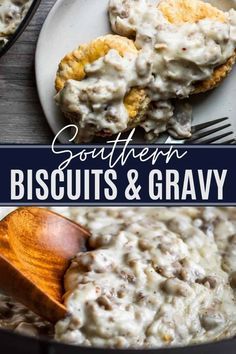 biscuits and gravy in a skillet with a wooden spoon on the side