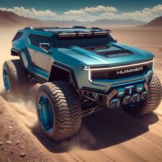 the concept hummer truck is driving on sand in the desert with mountains in the background