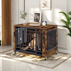 a dog in a cage sitting on the floor next to a clock and potted plant