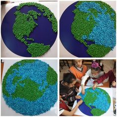 several photos of children playing around the world made out of peas and watermelon