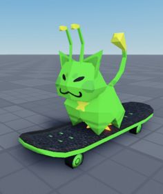 a green cat is riding on a skateboard