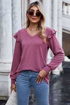 Ruffle Shoulder V-Neck Long Sleeve Top V-neck Ruffled Sweater For Fall, Spring V-neck Ruffled Sweater, Winter V-neck Top With Ruffles, Fall Ruffled V-neck Tops, Trendy Heather Tops For Fall, Cheap Clothing, Long Sleeve Tops Casual, Long Sleeve Print Dress, Long Puff Sleeves