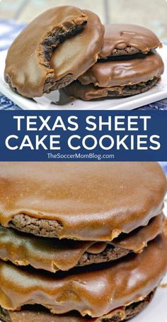 there is a stack of cookies with chocolate frosting on top and the words texas sheet cake cookies above it