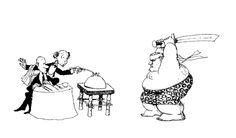 an image of cartoon characters in black and white, with one person sitting at a table