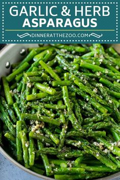 garlic and herb asparagus in a pan with text overlay