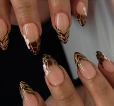 Matte Bronze Nails, 19 Birthday Nails Short, Fall Nails Trendy Designs, Leapord Print Nails French, Cheetah And Zebra Print Nails, Brown Gold Nails Design, French Tip Leopard Nails, Leopard Print Almond Nails, Short Animal Print Nails