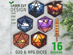 an advertisement for laser cut designs featuring six d20 and r6 dices with plants in the background