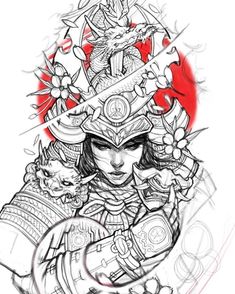 👩🏹🗡 Artwork b Art Geisha, Guerriero Samurai, Geisha Tattoo Design, Sketches Drawing, Maori Tattoos, Samurai Tattoo Design, Dengeki Daisy, Kunst Tattoos, Samurai Artwork