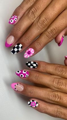 Retro Pink Nails, Checkered Design Nails, Checker Print Nails, Checkboard Nails, Red Checkered Nails, Checker Nails, Bold Nail Designs, Paisley Nails, Checkerboard Nails