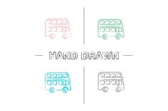 the words hand drawn are in different colors and shapes, with buses on each side