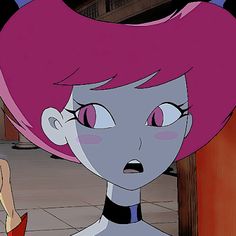 a cartoon character with pink hair and an evil look on her face, standing in front of a door