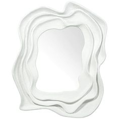 three white mirrors with wavy shapes on them, one is shaped like an oval and the other has a curved edge