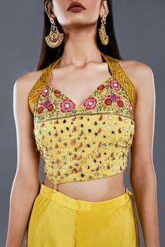 Shop for Divya Kanakia Yellow Crepe Embroidered Cape And Palazzo Set for Women Online at Aza Fashions Fitted Tops With Cape Sleeves, Fitted Embroidered Top With Mirror Work, Spring Embellished Fitted Choli, Fitted Embellished Blouse Piece For Summer, Embellished Fitted Blouse Piece For Summer, Spring Wedding Tops With Embroidered Neckline, Summer Embellished Fitted Blouse Piece, Fitted Tops With Embroidered Neckline For Festive Occasions, Fitted Tops With Embroidered Neckline For Wedding