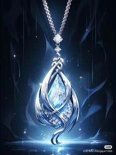 an advertisement featuring a pendant with diamonds in the shape of a water drop on a blue background