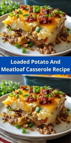 loaded potato and meatloaf casserole recipe on a white plate with peas