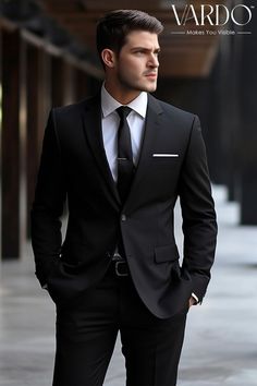 Black Suit Men For Wedding, Solid Black Suit Men, Black Male Wedding Suit, Black Suit Men Groom, Modern Black Suit For Men, Suits Men No Tie, Black Suit Men Business, Black Business Suit Mens, Men In Black Suits Classy