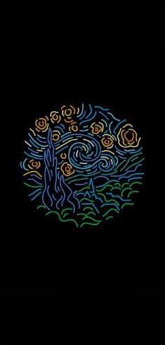 a black background with an image of a tree in the center and swirls on it