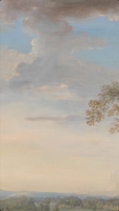 an oil painting of a tree in a field with sheep grazing on the grass below