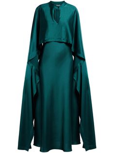 emerald green crepe texture satin finish layered design keyhole neck single front button fastening long draped sleeves fitted waistline straight hem ankle-length Green Maxi Dress With Draped Sleeves For Formal Occasions, Elegant Green Maxi Dress With Draped Sleeves, Green Maxi Dress With Draped Sleeves For Formal Events, Season Analysis, Colour Season, Skirt Outfits Summer, Crepe Maxi Dress, Long Drapes, Draped Sleeves