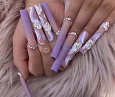 Purple Flower Nails, Purple Nail Art Designs, Girls Nail Designs, Purple Nail Art, Purple Nail Designs, Simple Acrylic Nails, Wedding Nails Design