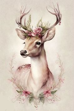 a painting of a deer with flowers on it's head and antlers around its neck