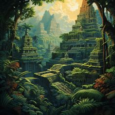 an artist's rendering of a jungle scene with ruins and trees in the foreground