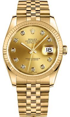 116238 | M116238-0061 ROLEX DATEJUST 36 MEN'S OR WOMEN'S WATCH Usually ships within 3 months | View In Stock Rolex Watches - Free Overnight Shipping - With Manufacturer Serial Numbers - Swiss Made - Champagne Dial Set with Diamonds - Fluted Bezel - Date Feature - 48 Hour Power Reserve - Self-winding Automatic Movement - Caliber 3135 - 6 Year Warranty - Guaranteed Authentic - Certificate of Authenticity - Manufacturer Box & Manual - Solid 18k Gold Case & Jubilee Bracelet - Scratch Resistant Sapphire Crystal - 100 Meters / 330 Feet Waterproof - 36mm = 1 1/3" Case, 6" Adjustable Bracelet - Bidirectional Rotating Bezel - Screw Down Crown & Case Back - Deployment Buckle - Free Bracelet Sizing     Also Known As Model # 116238-CHPDJ Rolex Presidential, Rolex Oyster Perpetual Datejust, Rolex Milgauss, Rolex Women, Oyster Perpetual Datejust, Rolex Explorer, Red Sunset, Watches Women, Rolex Men