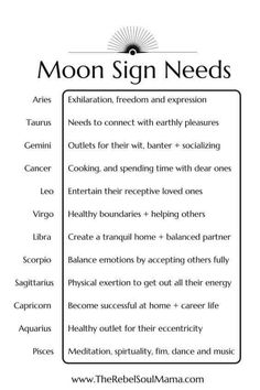 the moon sign needs list for each zodiac