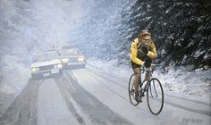 a bicyclist rides down a snowy road in front of two cars on it