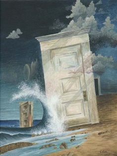 a painting of an open door on the beach with waves crashing over it and clouds in the sky