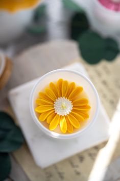 a yellow flower sitting in a white bowl