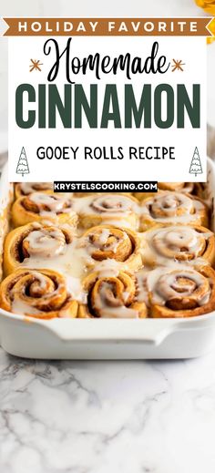 homemade cinnamon gooey rolls recipe in a white baking dish on a marble countertop