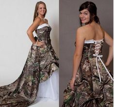 a woman in a camo wedding dress posing for the camera with her hands on her hips