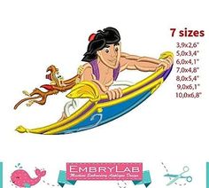 the embroidery design features an image of snow white and prince riding on a banana boat